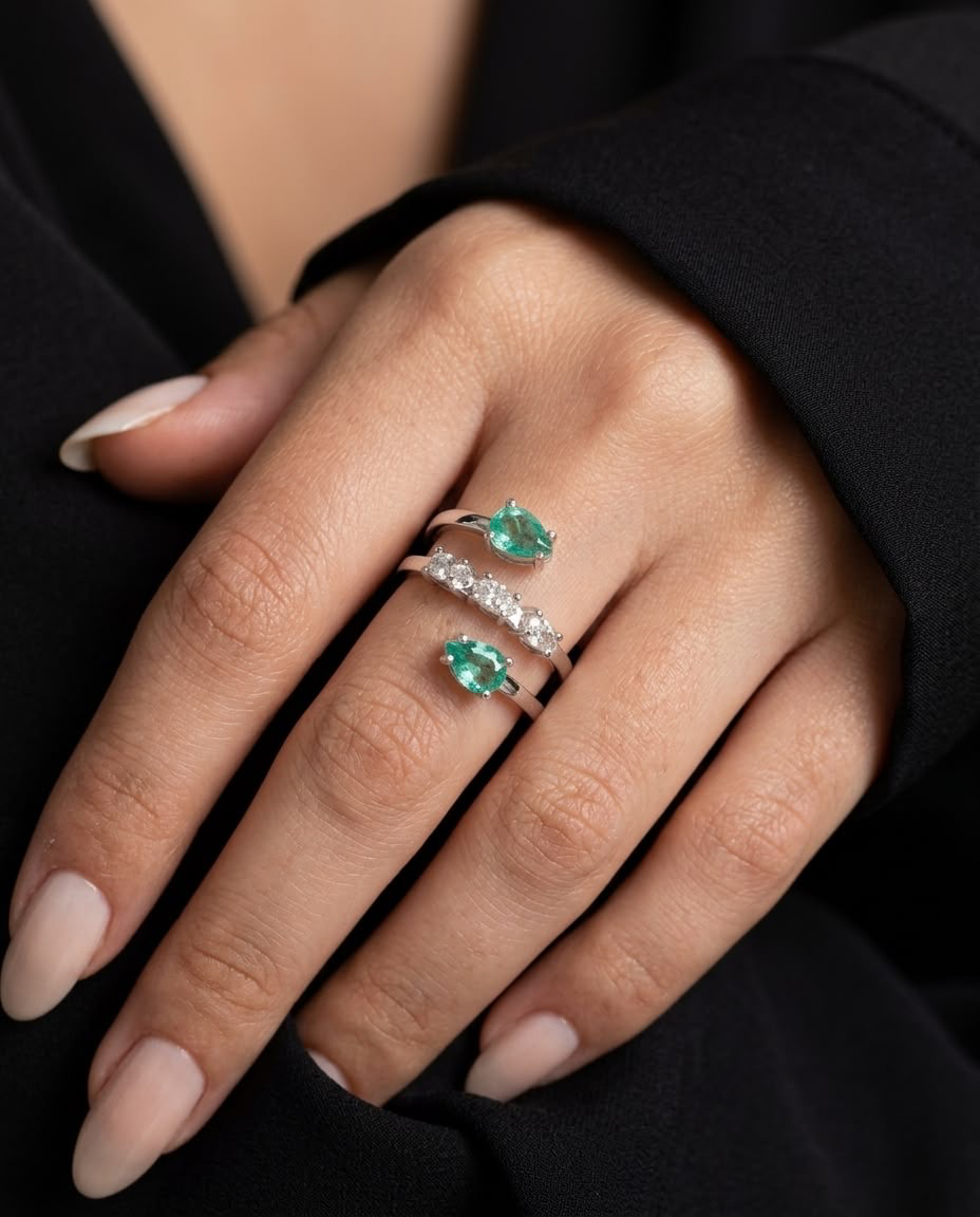 Anel Duplo Esmeralda Colombiana e Diamantes