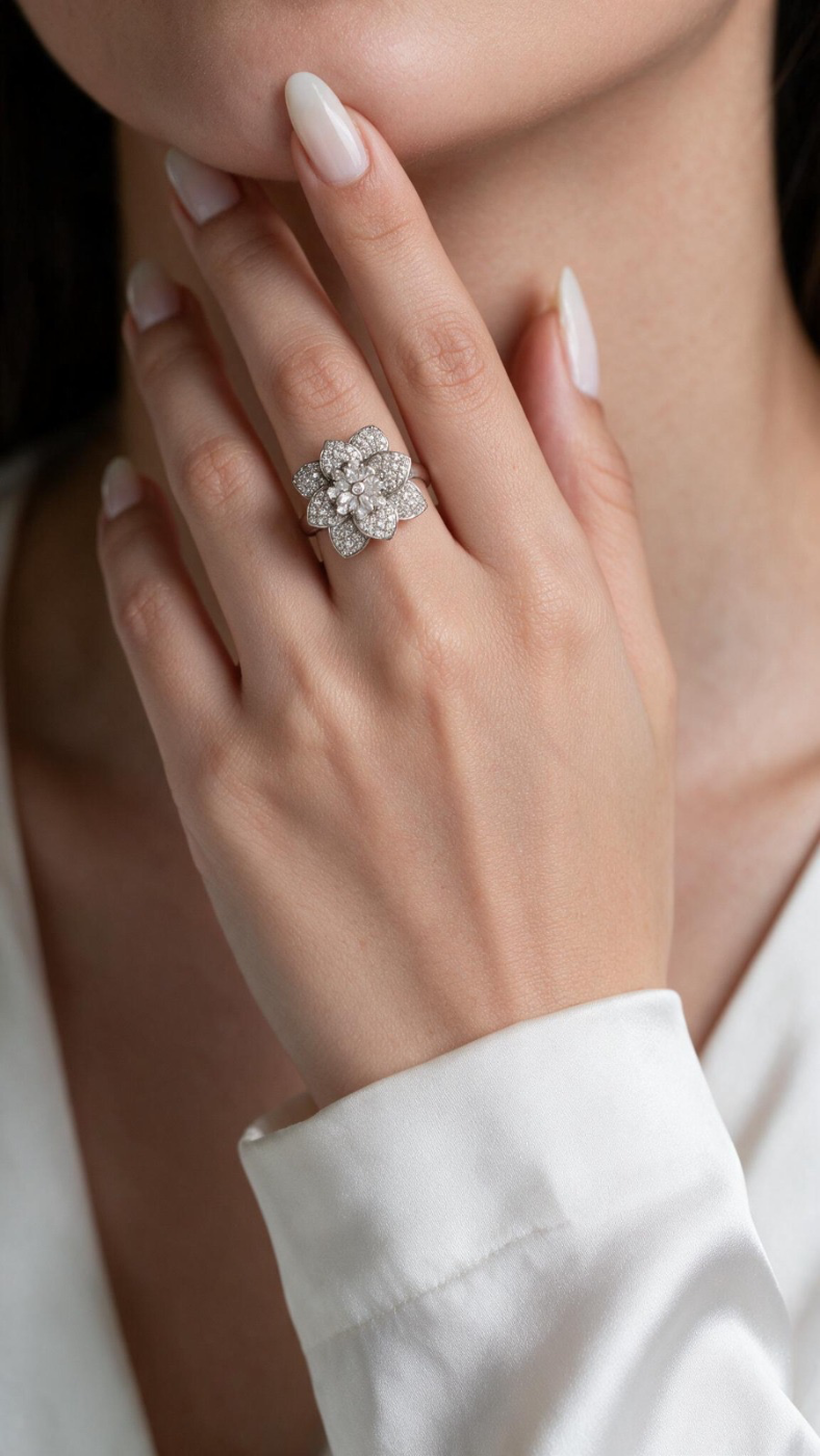 Anel Flor Pétalas Diamantes
