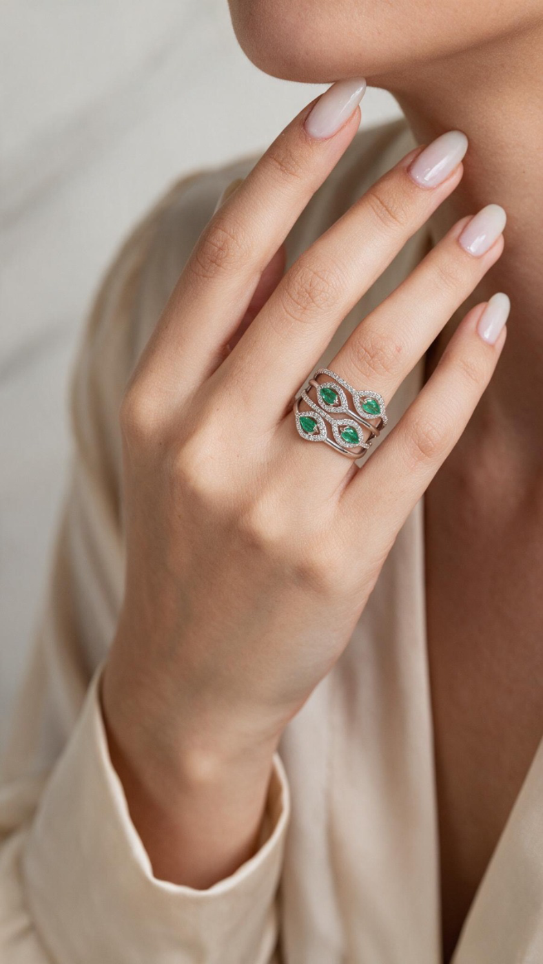 Anel Gotas Esmeralda e Diamantes