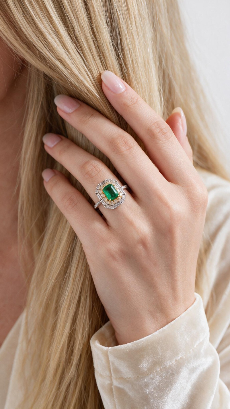Anel Retangular Esmeralda e Diamantes